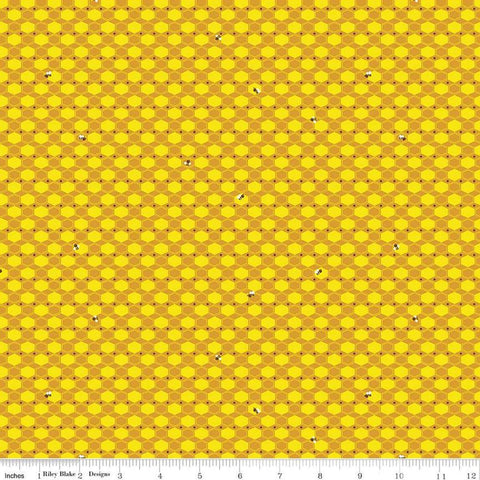 Image of the 100 Aker Woods Honey Hex Gold quilting cotton fabric by Jill Howarth for Riley Blake Designs. Features honeycomb and an occasional bumble bee on a gold background.
Cute Little Fabric Shop