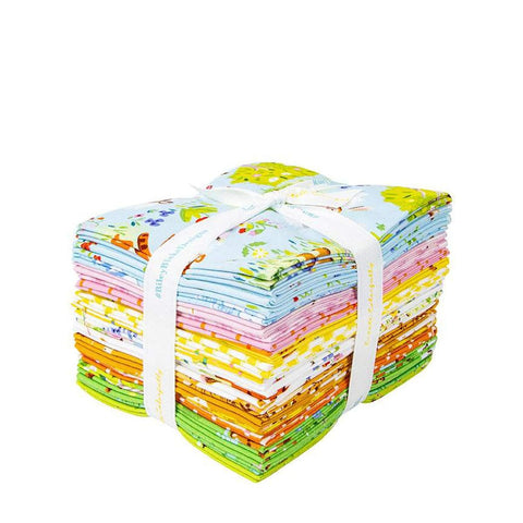 Image of the 100 Aker Woods Fat Quarter Bundle with quilting cotton fabric by Jill Howarth for Riley Blake Designs. Features  Winnie the Pooh and friends on bright colors. 
Cute Little Fabric Shop