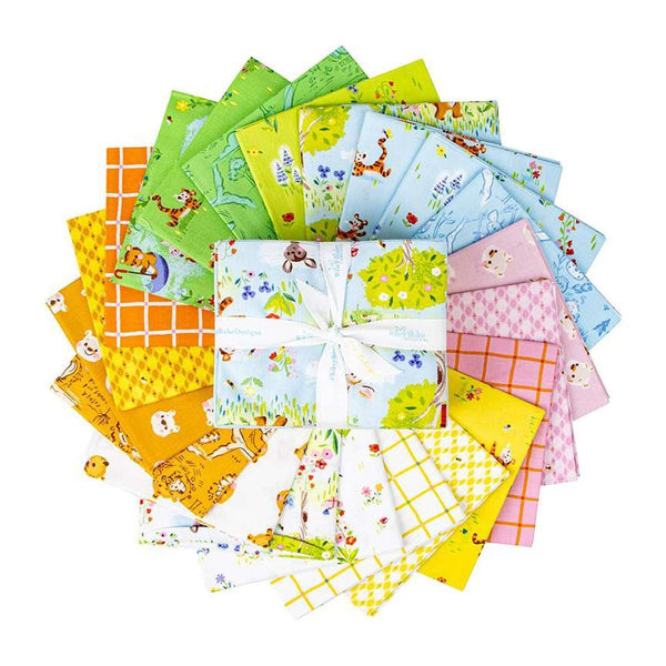 Image of the 100 Aker Woods Fat Quarter Bundle with quilting cotton fabric by Jill Howarth for Riley Blake Designs. Features  Winnie the Pooh and friends on bright colors. 
Cute Little Fabric Shop