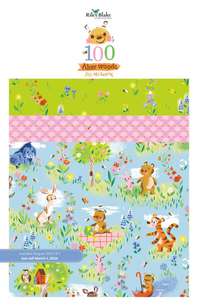 Image of the 100 Aker Woods Fat Quarter Bundle by Jill Howarth for Riley Blake Designs. Features Winnie the Pooh and friends on a blue background with green and pink coordinating fabrics. 
Cute Little Fabric Shop