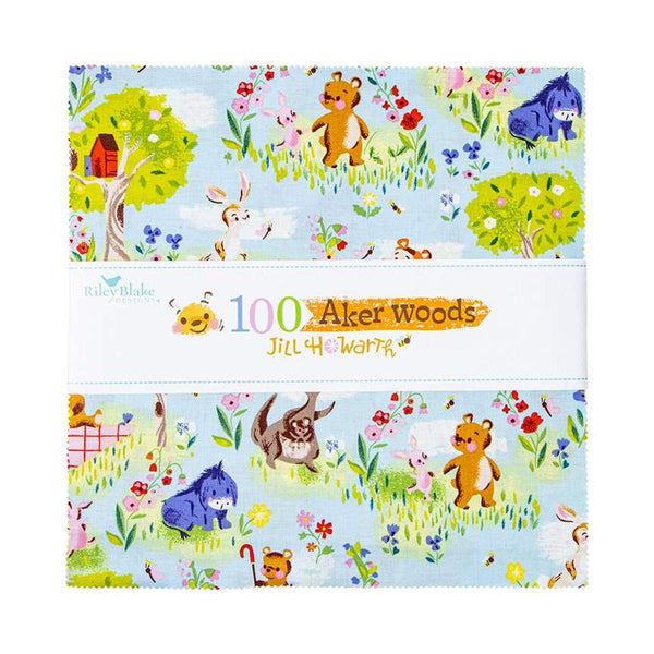 Image of the 100 Aker Woods 10 inch stacker with quilting cotton fabric by Jill Howarth for Riley Blake Designs. Features  Winnie the Pooh and friends on bright colors. 
Cute Little Fabric Shop