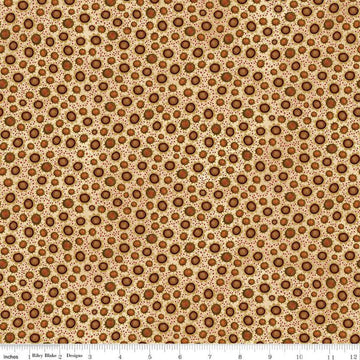 Image of the Bittersweet Farm Sunflowers Cornsilk quilting cotton fabric by Riley Blake Designs. Features scattered sunflowers of various sizes on a dotted cream background. 
Cute Little Fabric Shop