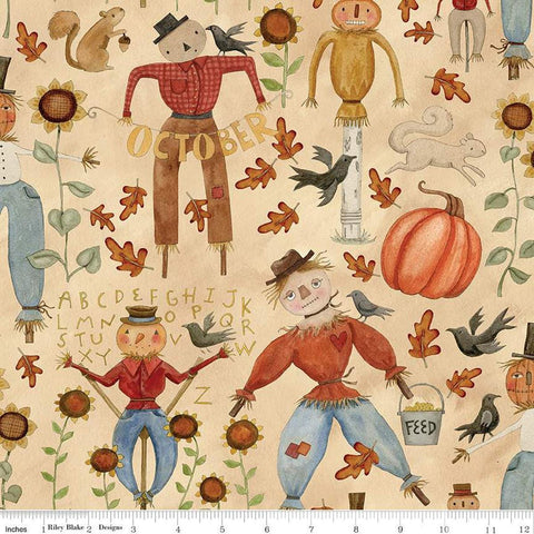 Image of the Bittersweet Farm Main Cornsilk quilting cotton fabric by Riley Blake Designs. Features assorted fall icons, such as scarecrows, sunflowers, oak leaves, crows, squirrels, and acorns on a textured cream background. 
Cute Little Fabric Shop