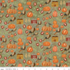 Image of the Bittersweet Farm Turkey Hollow Olive quilting cotton fabric by Riley Blake Designs. Features turkeys, pumpkins, and fall flowers on a textured green background. 
Cute Little Fabric Shop
