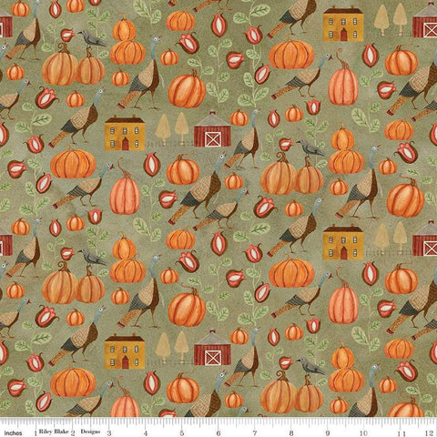 Image of the Bittersweet Farm Turkey Hollow Olive quilting cotton fabric by Riley Blake Designs. Features turkeys, pumpkins, and fall flowers on a textured green background. 
Cute Little Fabric Shop