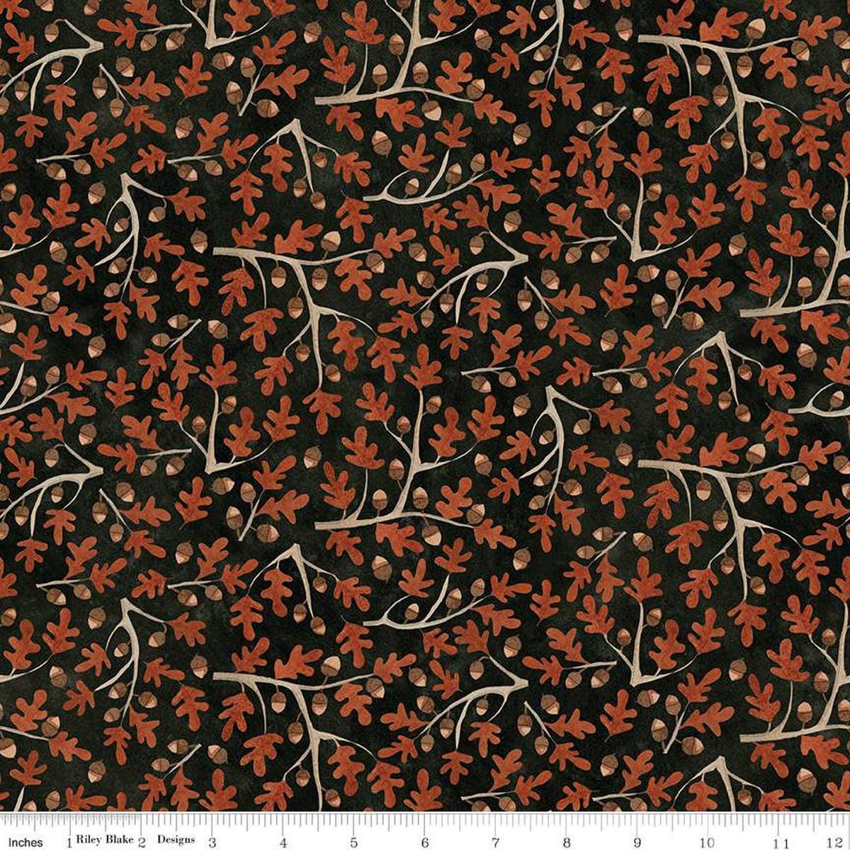 Image of the Bittersweet Farm Oaks and Acorns Midnight quilting cotton fabric by Riley Blake Designs. Features sprigs of oak leaves and acorns. on a textured black background. 
Cute Little Fabric Shop