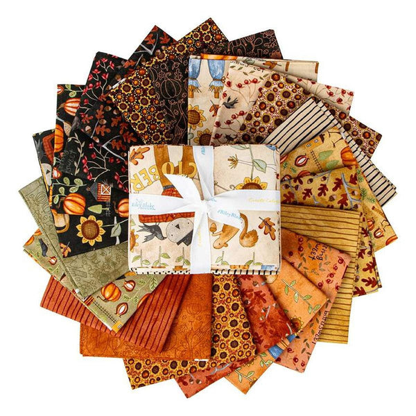 Image of the Bittersweet Farm Fat Quarter Bundle quilting cotton fabric by Riley Blake Designs. Features fall themed fabric with scarecrows, sunflowers, and more. 
Cute Little Fabric Shop