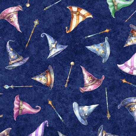 Image of the Lil Wizards Hat Toss Navy Quilting Cotton Fabric by QT Fabrics. Features tossed wizard hats and magic wands on a dark blue background. 
Cute Little Fabric Shop