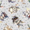 Image of the Lil Wizards Wizard Toss Gray Quilting Cotton Fabric by QT Fabrics. Features tossed baby animals with wizard hats and magic wands on a grey background. 
Cute Little Fabric Shop