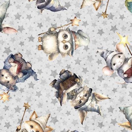 Image of the Lil Wizards Wizard Toss Gray Quilting Cotton Fabric by QT Fabrics. Features tossed baby animals with wizard hats and magic wands on a grey background. 
Cute Little Fabric Shop