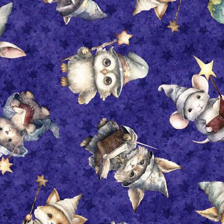 Image of the Lil Wizards Wizard Toss Purple Quilting Cotton Fabric by QT Fabrics. Features tossed baby animals with wizard hats and magic wands on a dark blue purple background. 
Cute Little Fabric Shop