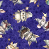 Image of the Lil Wizards Wizard Toss Purple Quilting Cotton Fabric by QT Fabrics. Features tossed baby animals with wizard hats and magic wands on a dark blue purple background. 
Cute Little Fabric Shop
