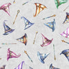 Image of the Lil Wizards Hat Toss Gray Quilting Cotton Fabric by QT Fabrics. Features tossed wizard hats and magic wands on a gray background. 
Cute Little Fabric Shop