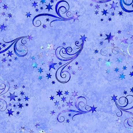 Image of the Lil Wizards Star & Scroll Blue Quilting Cotton Fabric by QT Fabrics. Features tossed stars and swirls on a blue background. 
Cute Little Fabric Shop