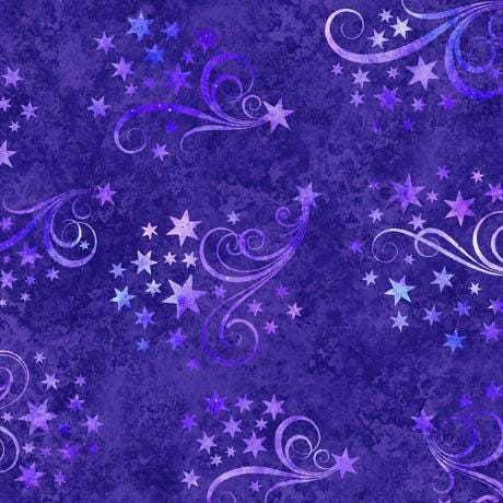 Image of the Lil Wizards Star & Scroll Purple Quilting Cotton Fabric by QT Fabrics. Features tossed stars and swirls on a purple background. 
Cute Little Fabric Shop