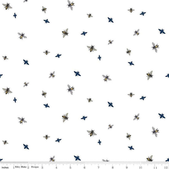Image of the Honey Bees and Flowers Please Bees White quilting cotton fabric by Tara Reed for Riley Blake Designs. Features small bees scattered on a white background. 
Cute Little Fabric Shop