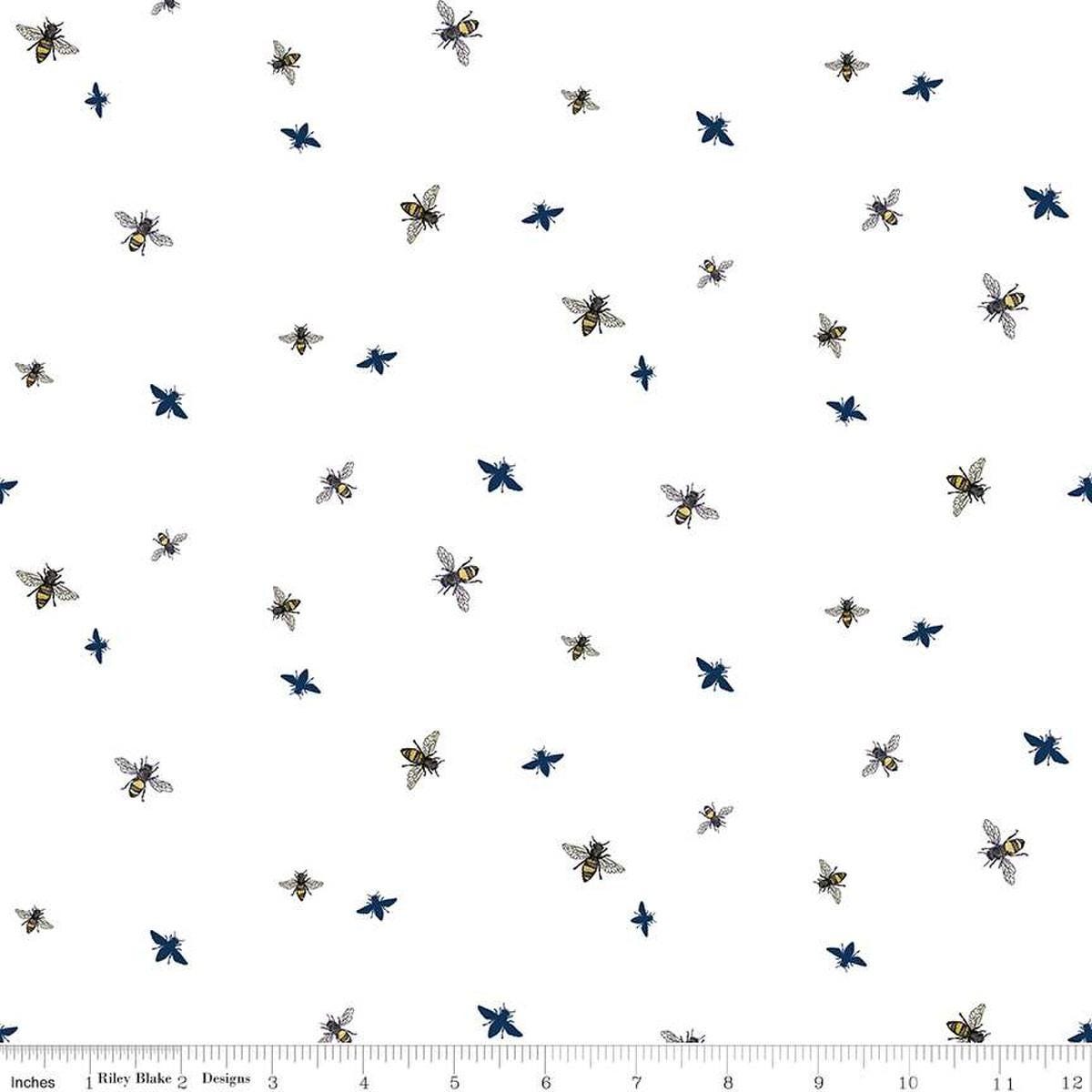 Image of the Honey Bees and Flowers Please Bees White quilting cotton fabric by Tara Reed for Riley Blake Designs. Features small bees scattered on a white background. 
Cute Little Fabric Shop