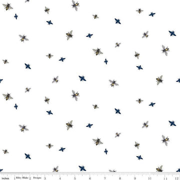 Image of the Honey Bees and Flowers Please Bees White quilting cotton fabric by Tara Reed for Riley Blake Designs. Features small bees scattered on a white background. 
Cute Little Fabric Shop