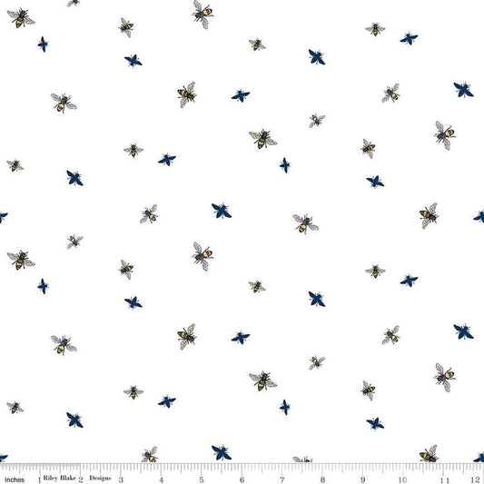 Image of the Honey Bees and Flowers Please Bees White quilting cotton fabric by Tara Reed for Riley Blake Designs. Features small bees scattered on a white background. 
Cute Little Fabric Shop
