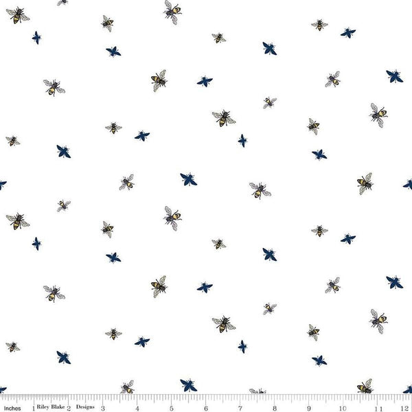 Image of the Honey Bees and Flowers Please Bees White quilting cotton fabric by Tara Reed for Riley Blake Designs. Features small bees scattered on a white background. 
Cute Little Fabric Shop