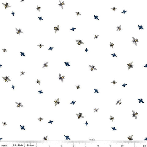 Image of the Honey Bees and Flowers Please Bees White quilting cotton fabric by Tara Reed for Riley Blake Designs. Features small bees scattered on a white background. 
Cute Little Fabric Shop