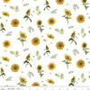 Image of the Honey Bees and Flowers Please Sunflowers and Bees White quilting cotton fabric by Tara Reed for Riley Blake Designs. Features sunflowers, bees, and sprigs of leaves on a white background. 
Cute Little Fabric Shop