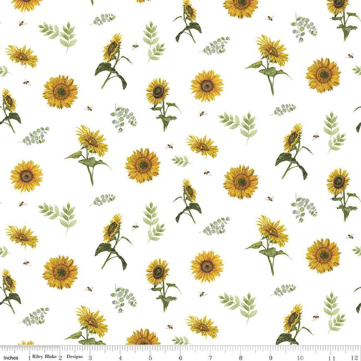 Image of the Honey Bees and Flowers Please Sunflowers and Bees White quilting cotton fabric by Tara Reed for Riley Blake Designs. Features sunflowers, bees, and sprigs of leaves on a white background. 
Cute Little Fabric Shop