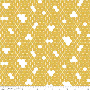 Image of the Honey Bees and Flowers Please Honeycomb Gold quilting cotton fabric by Tara Reed for Riley Blake Designs. Features honeycomb hexagons on a yellow background. 
Cute Little Fabric Shop