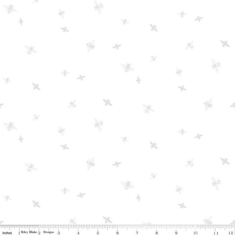 Image of the Honey Bees and Flowers Please Bees White on white quilting cotton fabric by Tara Reed for Riley Blake Designs. Features small bees scattered on a white background. 
Cute Little Fabric Shop