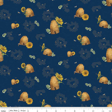 Image of the Honey Bees and Flowers Please Beehives Navy quilting cotton fabric by Tara Reed for Riley Blake Designs. Features  beehives, bees, honeycomb, and sunflowers on a navy blue background. 
Cute Little Fabric Shop