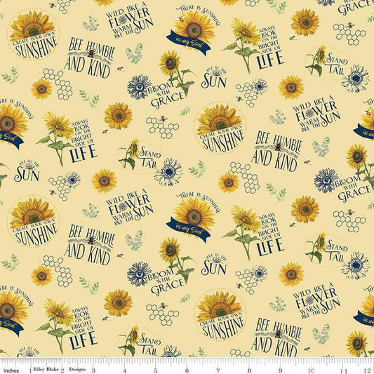 Image of the Honey Bees and Flowers Please Main Yellow quilting cotton fabric by Tara Reed for Riley Blake Designs. Features sunflowers, bees, and positive phrases on a yellow background. 
Cute Little Fabric Shop