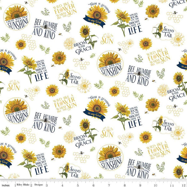 Image of the Honey Bees and Flowers Please Main White quilting cotton fabric by Tara Reed for Riley Blake Designs. Features sunflowers, bees, and positive phrases on a white background. 
Cute Little Fabric Shop