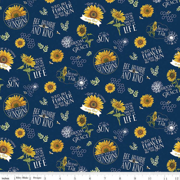 Image of the Honey Bees and Flowers Please Main Navy quilting cotton fabric by Tara Reed for Riley Blake Designs. Features sunflowers, bees, and positive phrases on a navy blue background. 
Cute Little Fabric Shop
