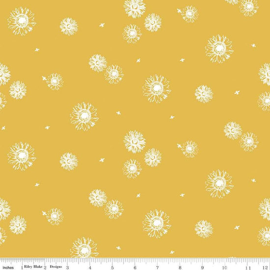 Image of the Honey Bees and Flowers Please Tonal Sunflowers Gold quilting cotton fabric by Tara Reed for Riley Blake Designs. Features scattered sunflowers and bees on a gold yellow background. 
Cute Little Fabric Shop