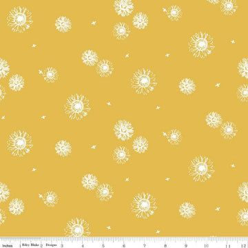 Image of the Honey Bees and Flowers Please Tonal Sunflowers Gold quilting cotton fabric by Tara Reed for Riley Blake Designs. Features scattered sunflowers and bees on a gold yellow background. 
Cute Little Fabric Shop