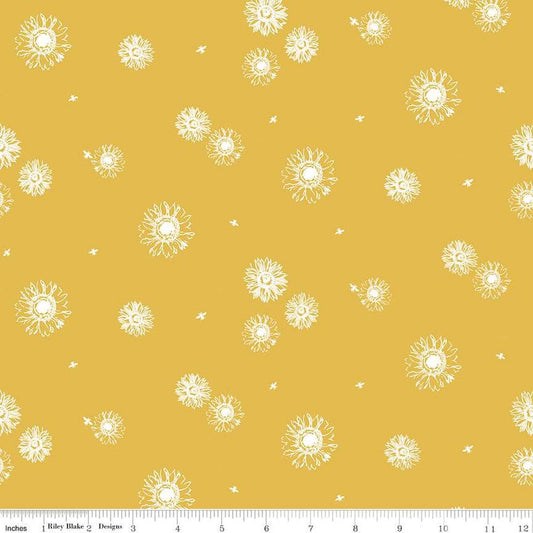 Image of the Honey Bees and Flowers Please Tonal Sunflowers Gold quilting cotton fabric by Tara Reed for Riley Blake Designs. Features scattered sunflowers and bees on a gold yellow background. 
Cute Little Fabric Shop