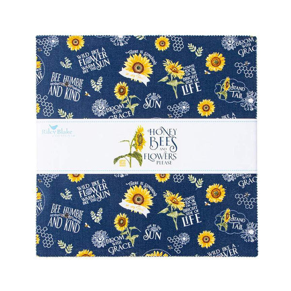 Image of the Honey Bees and Flowers Please 10 inch stacker by Tara Reed for Riley Blake Designs. Features honeybees, sunflowers, and honeycomb on yellow, blue, and white backgrounds. 
Cute Little Fabric Shop