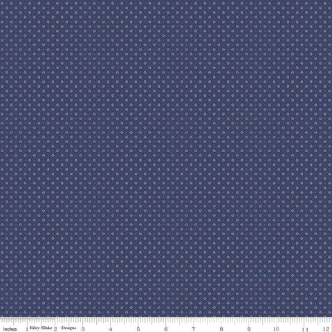 Image of the Always in Season Daisy Navy quilting cotton fabric by American Jane for Riley Blake Designs. Features scattered dots on a dark blue background. 
Cute Little Fabric Shop