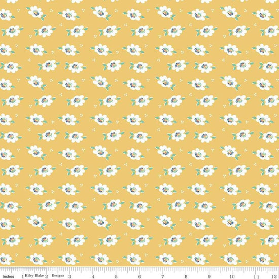 Image of the Always in Season Daisy Red quilting cotton fabric by American Jane for Riley Blake Designs. Features scattered blossoms and dots on a yellow background. 
Cute Little Fabric Shop
