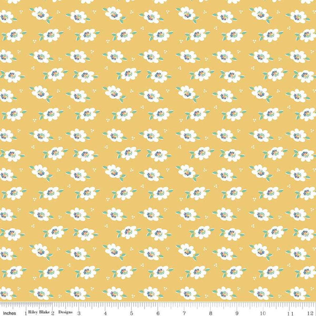 Image of the Always in Season Daisy Red quilting cotton fabric by American Jane for Riley Blake Designs. Features scattered blossoms and dots on a yellow background. 
Cute Little Fabric Shop