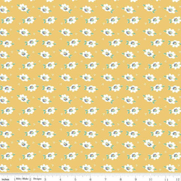 Image of the Always in Season Daisy Red quilting cotton fabric by American Jane for Riley Blake Designs. Features scattered blossoms and dots on a yellow background. 
Cute Little Fabric Shop