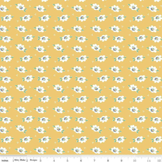 Image of the Always in Season Daisy Red quilting cotton fabric by American Jane for Riley Blake Designs. Features scattered blossoms and dots on a yellow background. 
Cute Little Fabric Shop