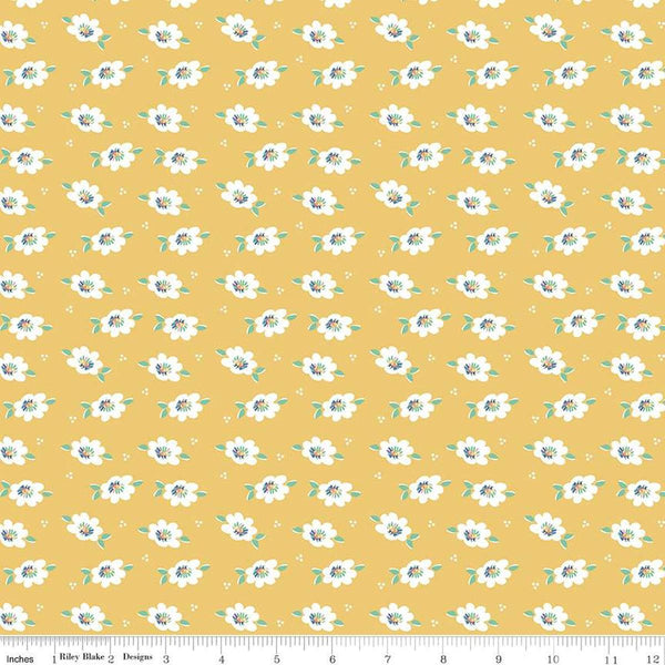 Image of the Always in Season Daisy Red quilting cotton fabric by American Jane for Riley Blake Designs. Features scattered blossoms and dots on a yellow background. 
Cute Little Fabric Shop