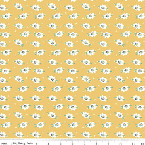 Image of the Always in Season Daisy Red quilting cotton fabric by American Jane for Riley Blake Designs. Features scattered blossoms and dots on a yellow background. 
Cute Little Fabric Shop