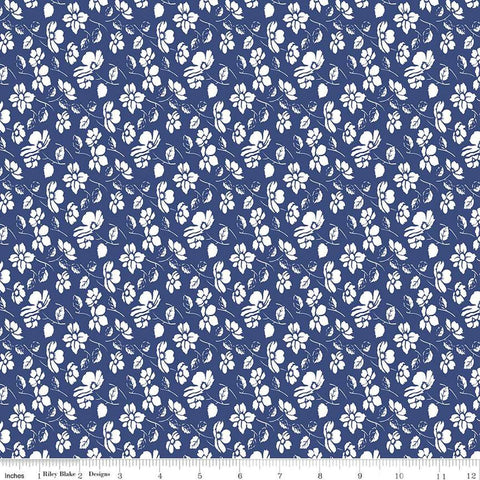 Image of the Always in Season Mono Floral Navy quilting cotton fabric by American Jane for Riley Blake Designs. Features white floral sprigs on a navy blue background. 
Cute Little Fabric Shop