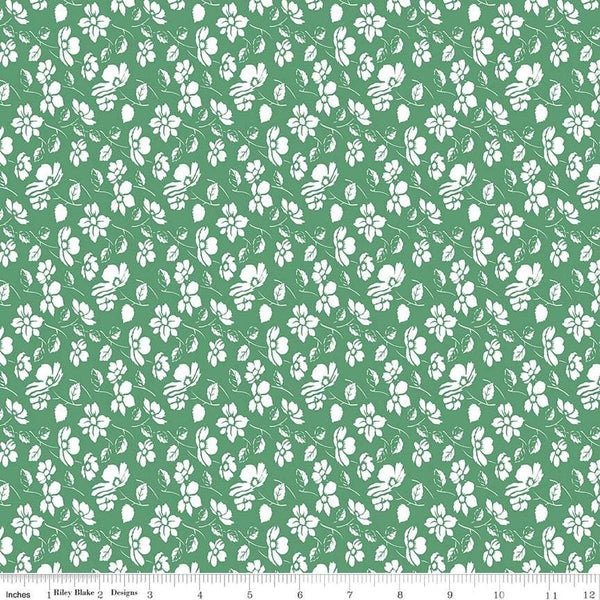 Image of the Always in Season Mono Floral Green quilting cotton fabric by American Jane for Riley Blake Designs. Features white floral sprigs on a medium green background. 
Cute Little Fabric Shop