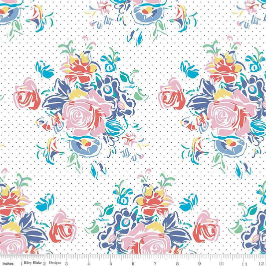 Image of the Always in Season Large Floral Main White quilting cotton fabric by American Jane for Riley Blake Designs. Features large clusters of flowers on a white pin dot background. 
Cute Little Fabric Shop
