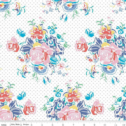 Image of the Always in Season Large Floral Main White quilting cotton fabric by American Jane for Riley Blake Designs. Features large clusters of flowers on a white pin dot background. 
Cute Little Fabric Shop