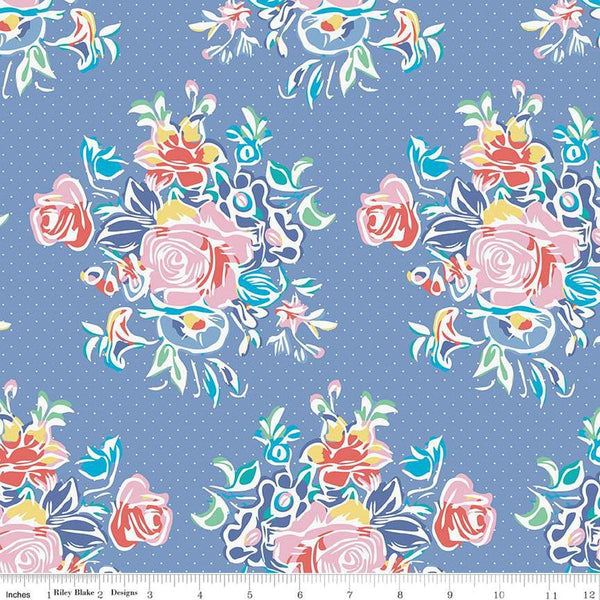 Image of the Always in Season Large Floral Main Blueberry quilting cotton fabric by American Jane for Riley Blake Designs. Features large clusters of flowers on a periwinkle pin dot background. 
Cute Little Fabric Shop