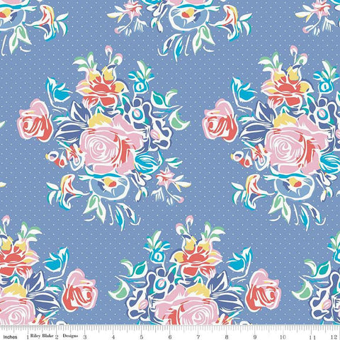 Image of the Always in Season Large Floral Main Blueberry quilting cotton fabric by American Jane for Riley Blake Designs. Features large clusters of flowers on a periwinkle pin dot background. 
Cute Little Fabric Shop